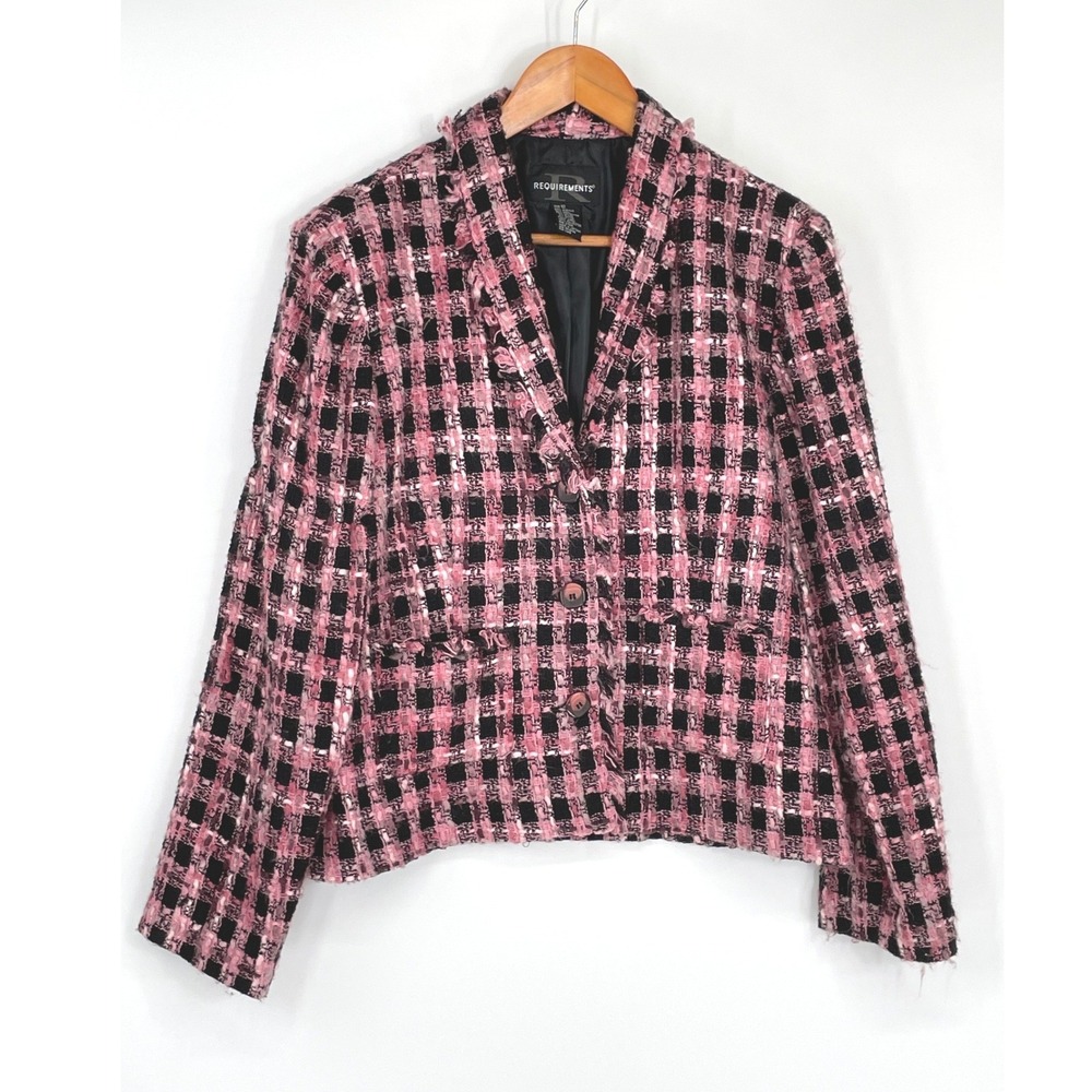 Requirements‎ Women Blazer 12 Jacket Pink Black Plaid Tweed Fringe Trim